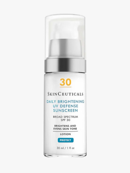 SkinCeuticals Daily Brightening UV Defense Sunscreen SPF 30 in branded component on a light gray background