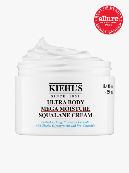 Kiehl&rsquo;s Ultra Body Mega Moisture Squalane Cream in branded white jar on light gray background with red Allure Best of Beauty seal in the top right corner