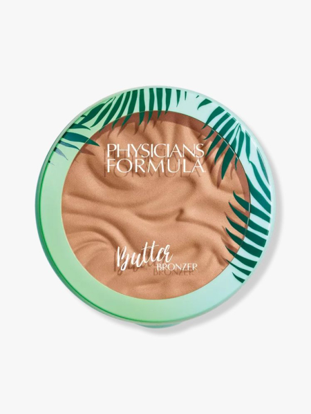 Physicians Formula Murumuru Butter Bronzer round transparent and plant print compact of bronzer with wavy design stamped into it on light gray background