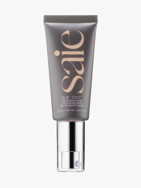 Saie Slip Tint SPF 35 Tinted Moisturizer in branded component on a light gray background